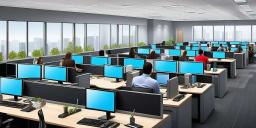 como trabajar en un call center sin experiencia. Imagen que muestra apersonas trabajando en un call center, frente a pantallas de ordenador.